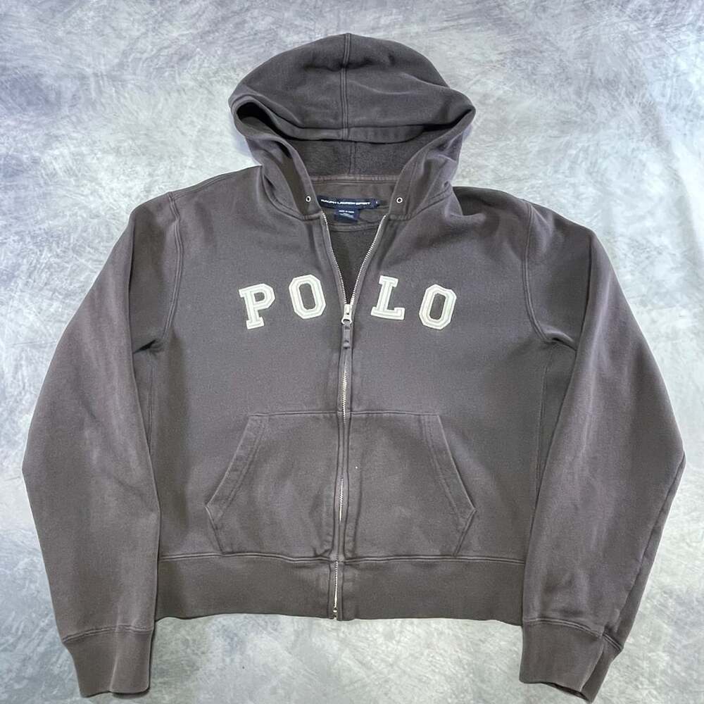 Ralph Lauren Sport Full Zip Hoodie Dark Gray with POLO Spellout Logo Sz L